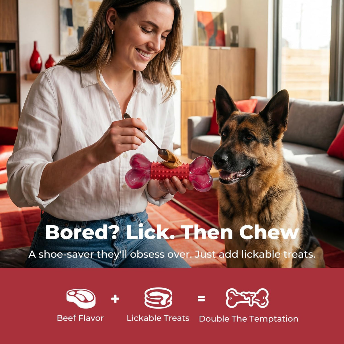 2-Pack Tough Dog Toys for Aggressive Chewers: Beef Flavored Long Lasting Dog Bones for Large Dogs, Heavy Duty Nylon & Rubber Dog Chew Toys to Keep Them Busy, Medium & Large Breed, Red