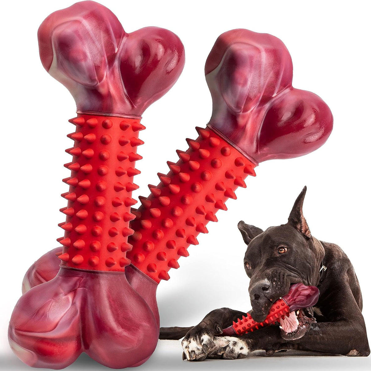 2-Pack Tough Dog Toys for Aggressive Chewers: Beef Flavored Long Lasting Dog Bones for Large Dogs, Heavy Duty Nylon & Rubber Dog Chew Toys to Keep Them Busy, Medium & Large Breed, Red