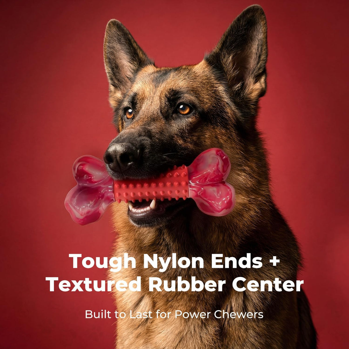 2-Pack Tough Dog Toys for Aggressive Chewers: Beef Flavored Long Lasting Dog Bones for Large Dogs, Heavy Duty Nylon & Rubber Dog Chew Toys to Keep Them Busy, Medium & Large Breed, Red