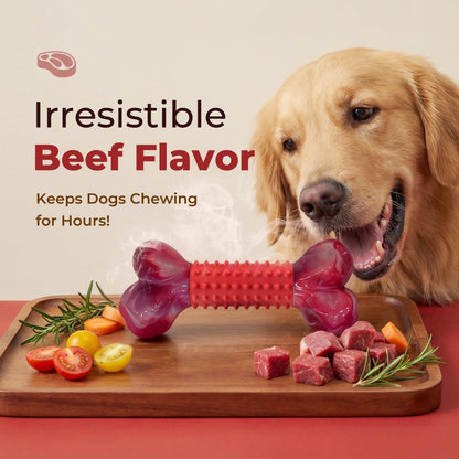2-Pack Tough Dog Toys for Aggressive Chewers: Beef Flavored Long Lasting Dog Bones for Large Dogs, Heavy Duty Nylon & Rubber Dog Chew Toys to Keep Them Busy, Medium & Large Breed, Red