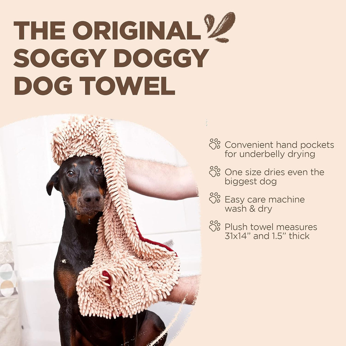 Soggy Doggy Super Shammy Absorbent Dog Towel, Beige, 31X14